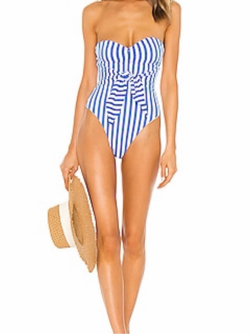 Onia Blue and White Striped Strapless One-Piece with Front Bow Size Small
